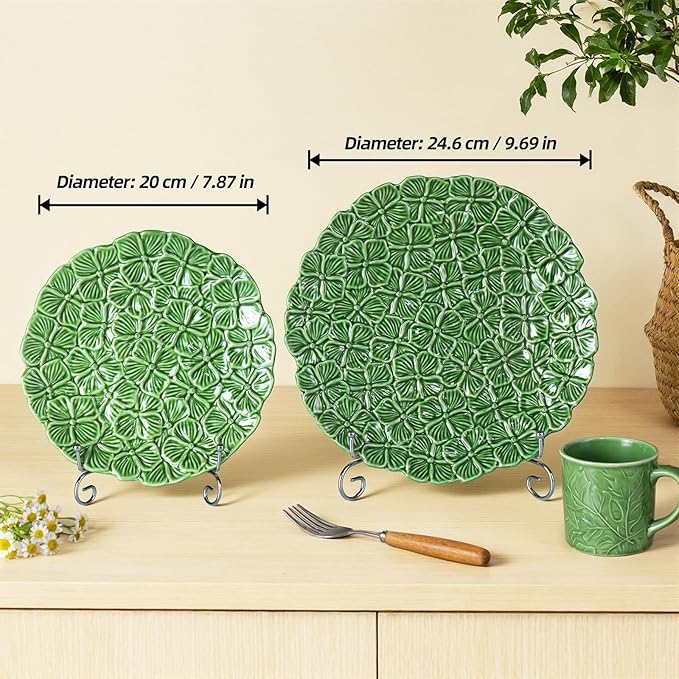 KAMMAK Ceramic Decorative Plate Set of 2, Porcelain Plates for Kitchen Dining Room Wine Cabinet Home Decor, Vintage Collector Plates with 2 Display Stand, Green Flowers (8-inch + 10-inch)