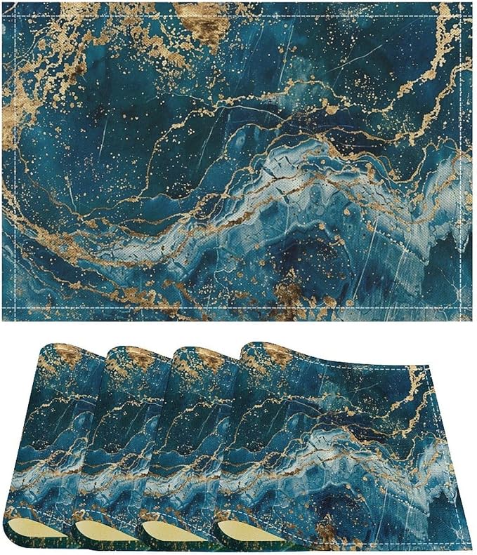 Marble Linen Placemats Set of 4 Modern Abstract Foil Stone Texture Royal Blue Gold Marble Washable Place Mats, Non Slip Placemat for Home Party Dining Tables Wedding Kitchen Banquets Decor 12x17 Inch