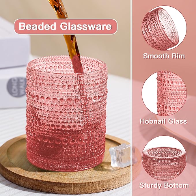 JOVGANK Pink Vintage Hobnail Drinking Glasses Set of 6, Embossed Water Tumbler - Image 4