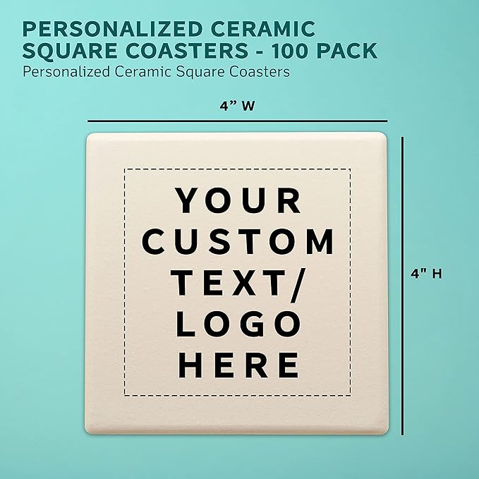 100 4" Square Ceramic Coasters Set - Customizable Text, Logo - Cork Bottom, Serve Ware - Natural