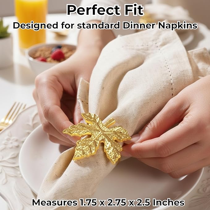 CLEENTABLE Elegant Handcrafted Leaf Napkin Rings - Set of 12 Premium Aluminum Holders for Dinner Parties, Weddings, Special Occasions & Everyday Dining (Gold)