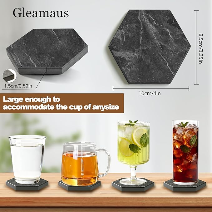 Natural Marble Coasters, Hexagonal Costers, Luxury Aesthetic Modern Decor for Coffee Table Bar Kitchen Home, Grey Marble, Real Natural Semi Absorbent Stone Coasters