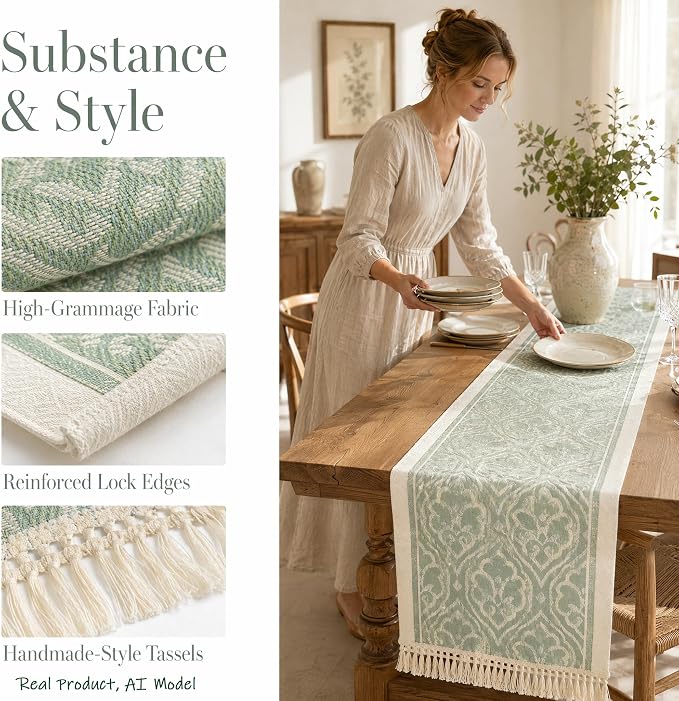14x138 Botanical Table Runner Waterproof Floral Vine Boho Tassels | Planning a - Image 3