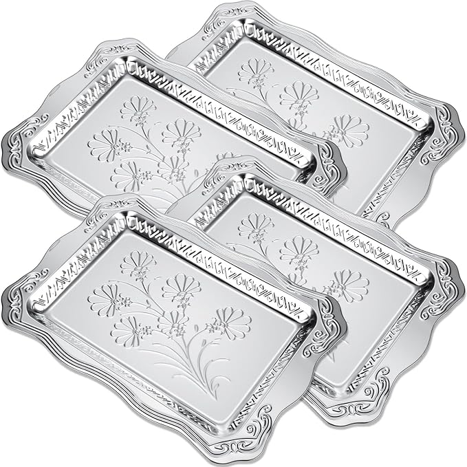 4 Pack 18.9" x 12.8" Large Silver Serving Trays for Dessert Table Stainless Steel Silver Platters Floral Engraved Mirror Serving Platters for Wedding, Cookies, Desserts, Party Food Display