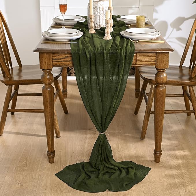 Artoid Mode Boho Cheesecloth Gauze Olive Green Wedding Table Runner, 120 Inch - Image 2