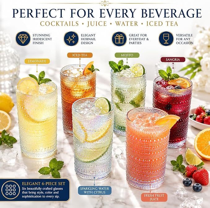 Hobnail Beaded Highball Drinking Tumbler Glasses | Set of 6 | Iridescent Pearl - Image 4