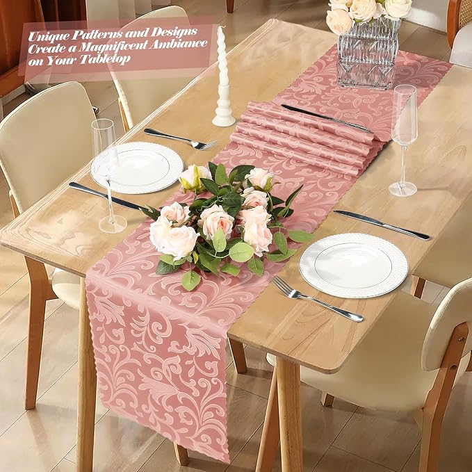 MILVOWOC 12 Pack Rose Gold Satin Table Runner, 12 x 72 Inch | Jacquard Damask - Image 2