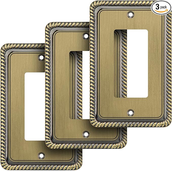 Henne Bery Rope Edge Decorative Wall Plate Switch Plate Outlet Cover (Single Decorator, 3 Pack, Antique Brass)