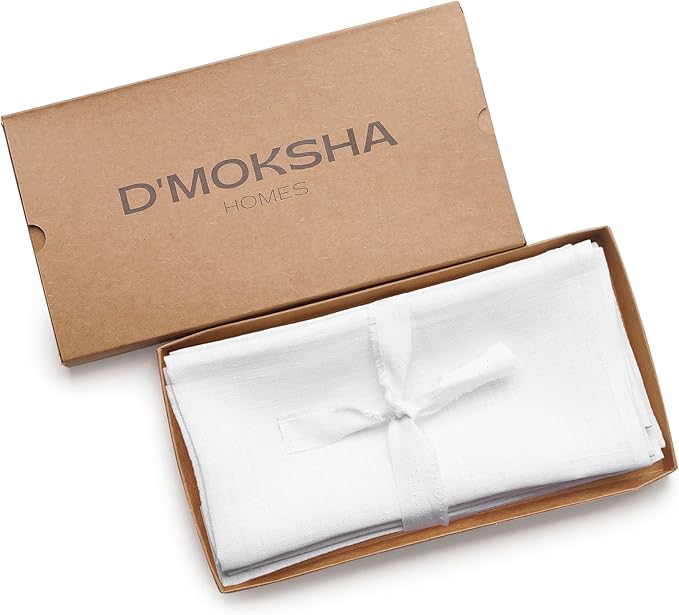 D'Moksha Homes White Linen Napkins 18 x 18 Inch - 100% Pure Linen Cloth Washable Dinner Napkins Set of 4 for Valentines, Spring, Easter