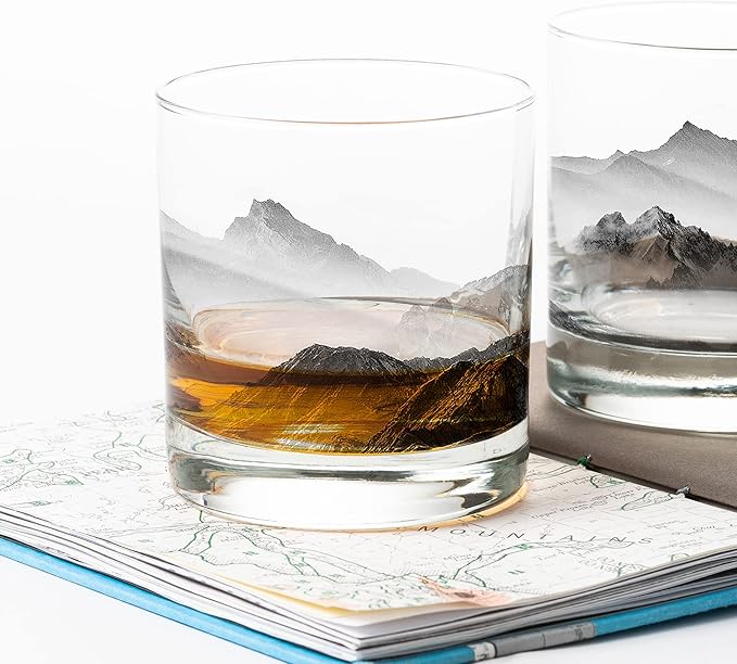 Black Lantern Set of 2 Whiskey Glasses Old Fashioned Glasses for Cocktails Whisky Scotch and Bourbon, Two Premium 11oz. Tumbler Glasses with Mountain and Clouds Screen Printed Design