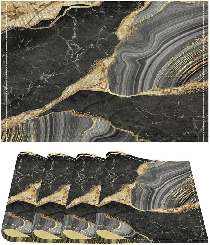 Marble Linen Placemats Set of 4, Modern Abstract Foil Stone Texture Black Gold Grey Marble Washable Cloth Place Mats, Non-Slip Dining Table Placemats for Home Kitchen Party Banquets Decor 12x17 Inch
