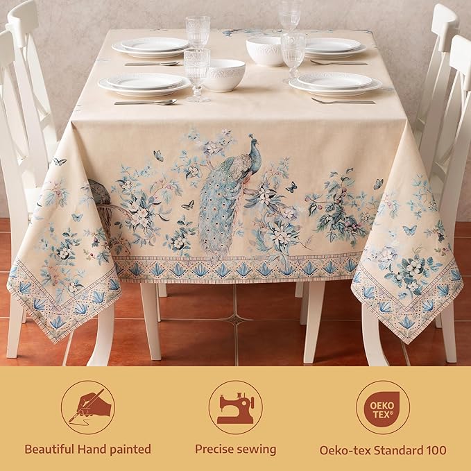Maison d' Hermine Premium Table Cloth Rectangle Table 100% Combed Cotton 140 x 70 Inches Tablecloth Reusable Decorative for Dining Room, Home, Party, Festive & Wedding - Peacock Utopia - Sandy Beach
