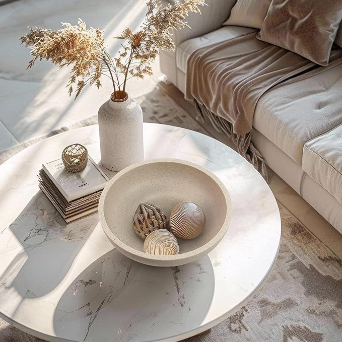 Large Decorative Bowl, Modern Handicraft Resin Bowls for Home Decor, Decorative Fruit Bowl for Kitchen Counter, Stylish Key Bowl for Entry Table, Artificial Stone Resin Beige