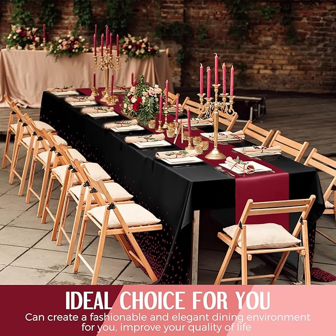 Breling 8 Pack Black and Maroon Disposable Plastic Tablecloths and Satin Table Runner Set, 54 x 108 Inch Tablecloth, 12 x 108 Inch Table Runners for Wedding Graduation Birthday Baby Shower