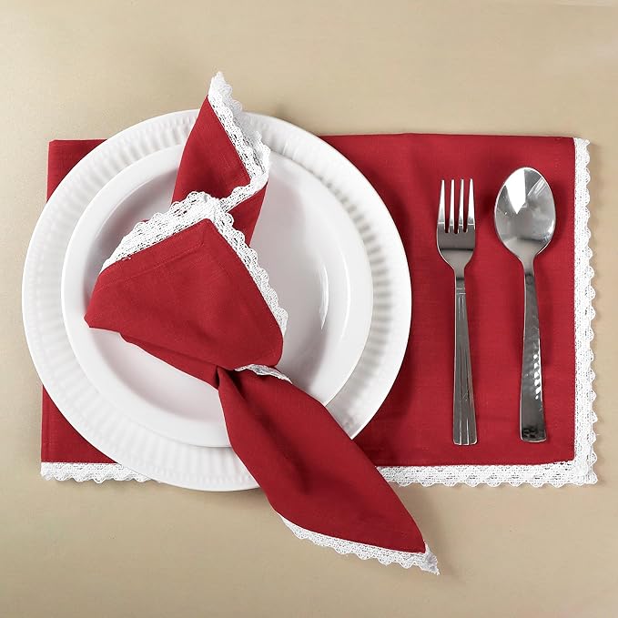 FINGERCRAFT Dinner Cloth Napkin Cotton Blend 4 Pack Vintage Rustic Premium Quality Mitered Corners Napkin Cloth with Elegant Lace for Everyday Use, Pre Shrunk and Good Absorbency 20x20 in Tango Red