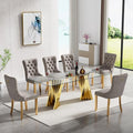 7 Piece Glass Dining Table Set,70" Dinner Room Glass Table Set for 6,Modern Kitchen Dinner Table Set with Stainless Steel Base and 6 Upholstered Velvet Dining Chairs for Living Dining Room