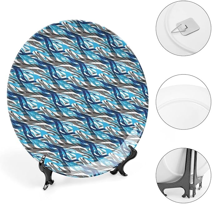 Decorative Plates, Abstract Print Ornament, Modern Art Stripes Swirls Waves Trippy, 8 Inch, Kitchen Wall Decor, Grey Blue White