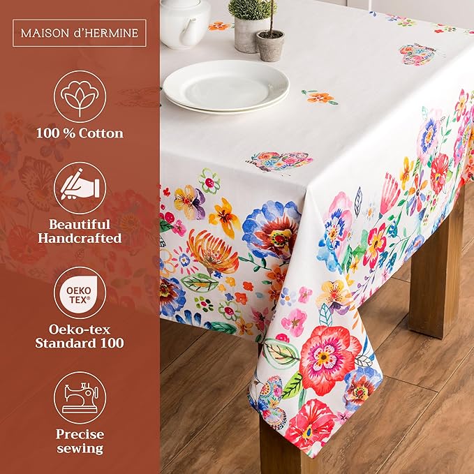 Maison d' Hermine Table Cloth Square Table 100% Cotton 54 x 54 Inches Tablecloth Reusable Decorative for Dining Room Farmhouse Home Valentines Day Decorations Spring Summer- Happy Florals -High Summer