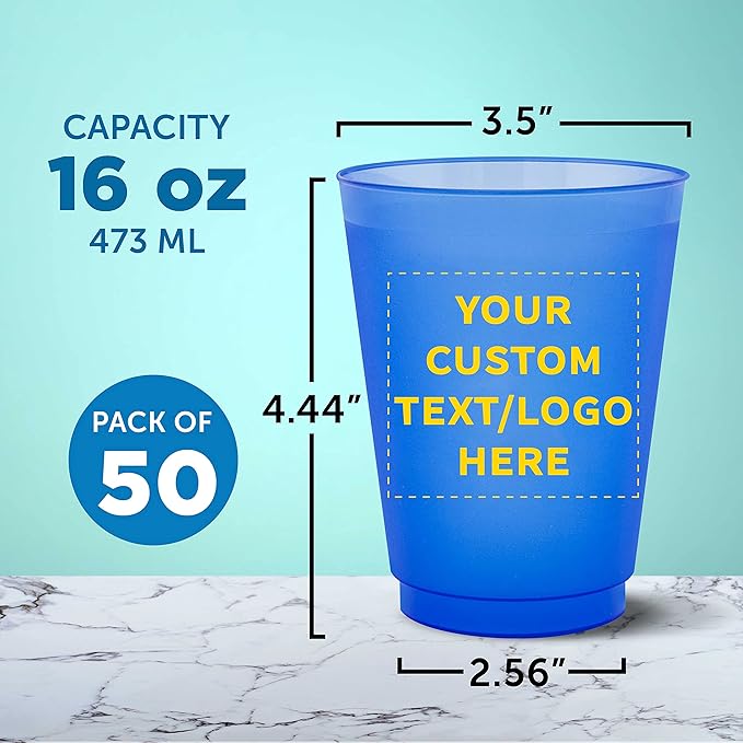 DISCOUNT PROMOS Custom Frosted Plastic Stadium Cups, 50 pack, Promotional Text, Logo, 16 oz. Shatterproof Flexible Reusable Party Cups, Blue