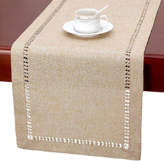 Grelucgo Large Handmade Hemstitch Beige Table Runner, Rectangular 14 by 120 Inch by Grelucgo