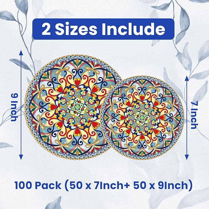 ZULYSTO 100PCS Boho Paper Plates (50×7 Inch & 50×9 Inch)–Vintage Bohemian Style Disposable Plates, Dessert Party Dinner Plates, Dinnerware Plate Set for Birthday Gatherings