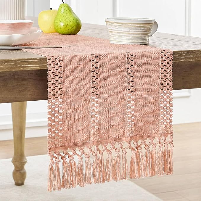 Boho Table Runner for Pink Tassel Home Decor 72 Inches Long, Rustic Macrame - Image 7