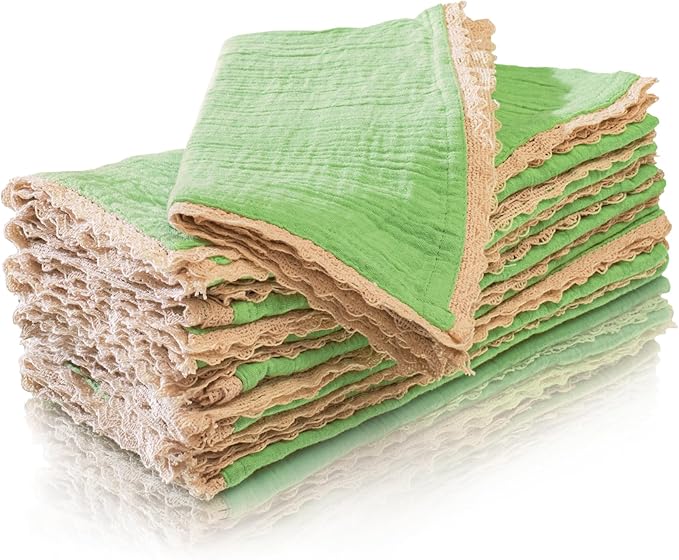 FINGERCRAFT Dinner Cloth Napkin Cotton Muslin Double Gauze 12 Pack with Classic Lace for Everyday Use, Wedding, Party, Christmas, Easter Napkins Cloth are Pre Shrunk and Good Absorbency Lettuce Green