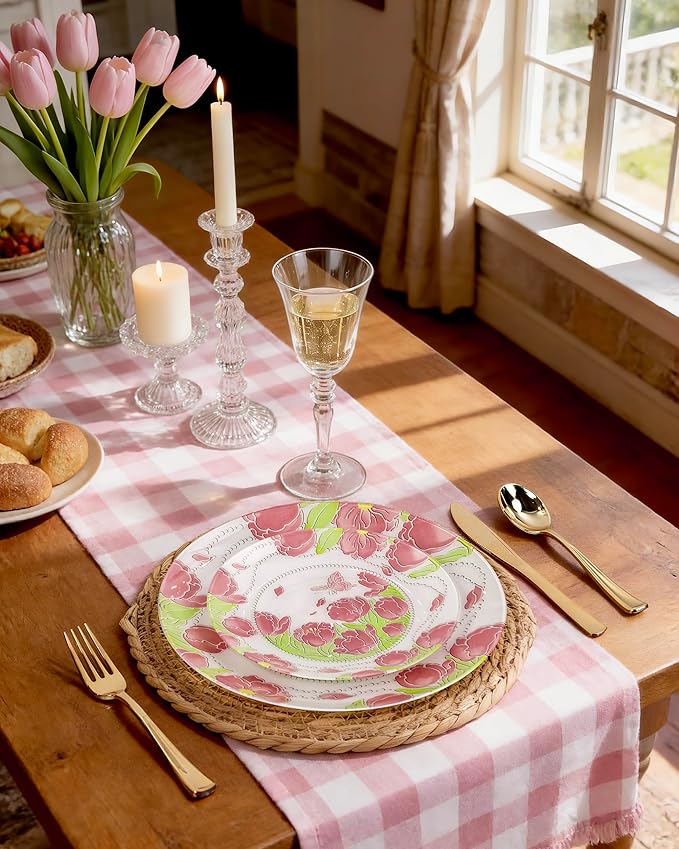 Hioasis 60pcs Plastic Disposable Plates Set - Pink Tulip & Butterfly Pattern with Pearl Trim, 10.25 Dinner & 7.5 Dessert Plates for Wedding,Anniversary,Party and Holiday