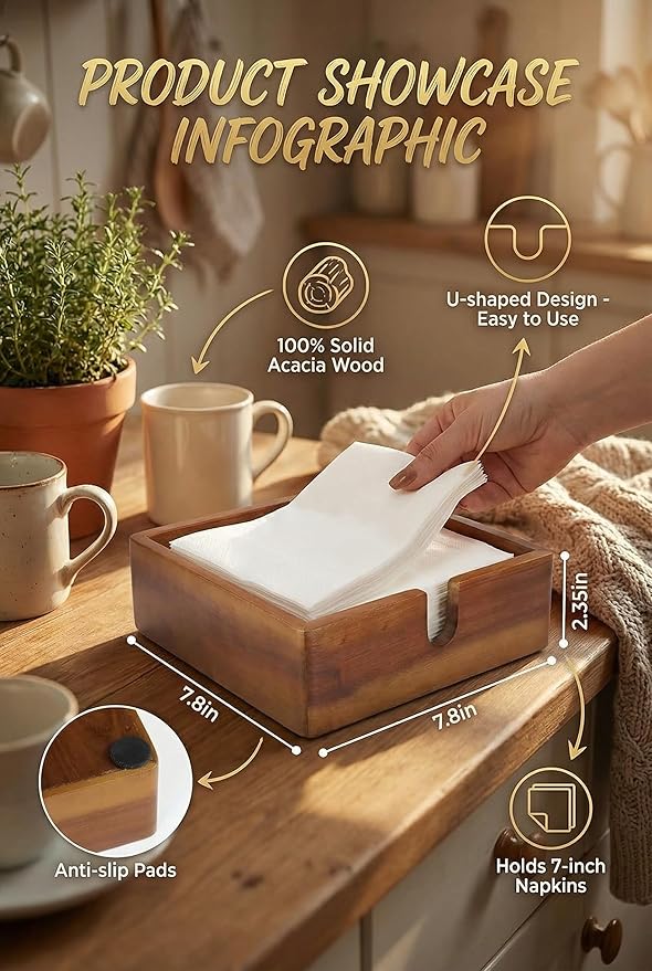Acacia Lunch Napkin Holder 7.8 x 7.8 inches for Dining Table and Kitchen – Napkin Dispenser Made from Brown Acacia Wood – Premium Quality Feel for Dessert Beverage Party Dinner Luncheon Bar Table