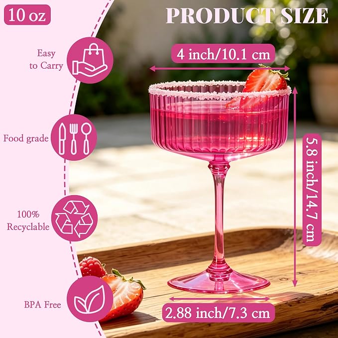 24PCS Plastic Martini Glasses, Hot Pink Disposable Coupe Cups | 10oz Acrylic - Image 2