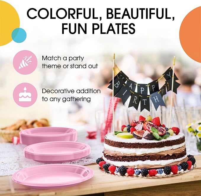 Pink Plastic Plates For Party 7" Pink Disposable Plates Heavy Duty 100 Pcs Plastic Dinnerware Sets Heavy Duty 350 GSM Disposable Dinnerware Set