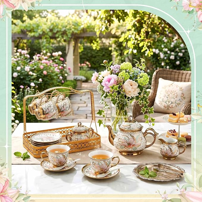 22 Pcs Porcelain Tea Set with Metal Holder, Vintage European Floral Tea Set - Image 7