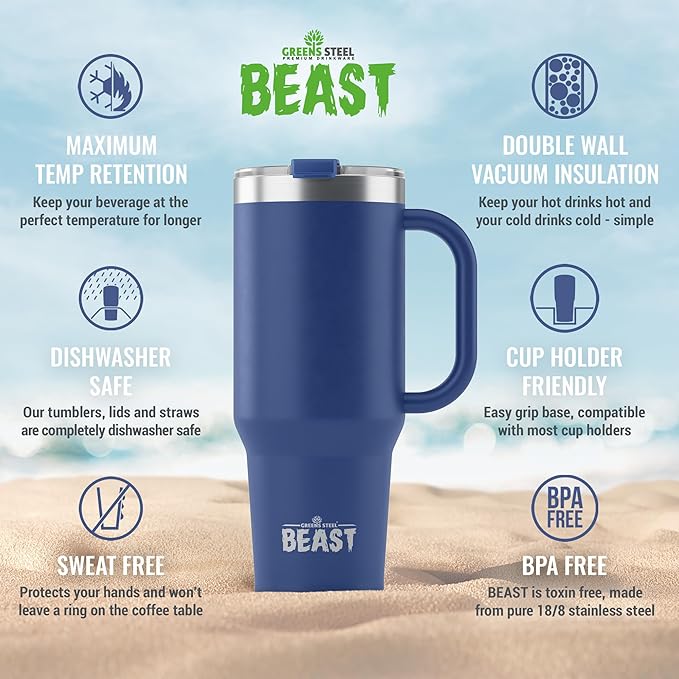 Beast 42 oz Tumbler with Handle Stainless Steel Vacuum Insulated Coffee Ice Cup Double Wall Travel Flask (Royal Blue)
