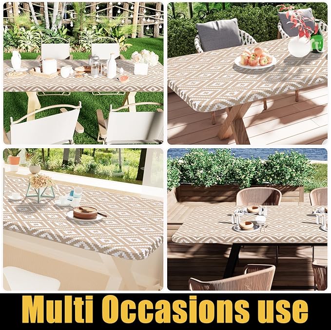 Smiry Rectangle Table Cloth Cover, Waterproof Elastic Fitted Picnic Tablecloth for 6 Foot Tables, Wipeable Flannel Backed Vinyl Tablecloths for Camping, Dining, Outdoor (Khaki, 30" x 72")