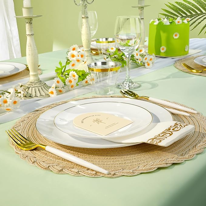 100 PCS Gold and White Plastic Plates, 7 inch White Disposable Plates for Party, Plastic Dessert/Salad Plates