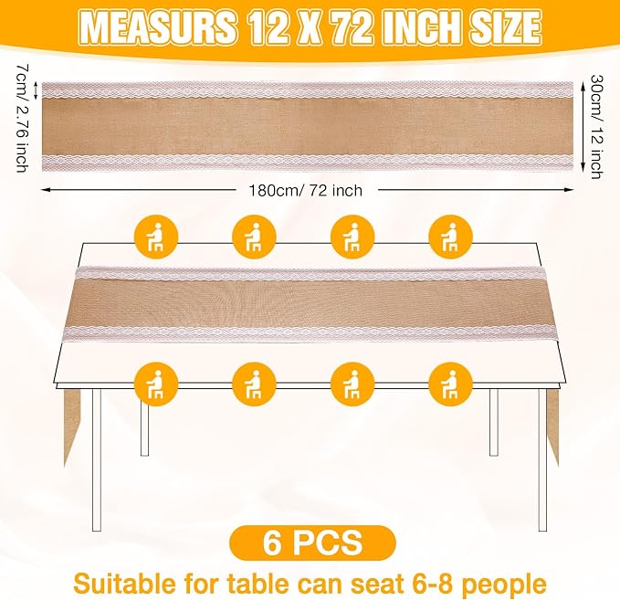 Tatuo 6 Pcs Lace Burlap Table Runner 12'' x 72'' Rustic Jute Hessian Farmhouse - Image 2