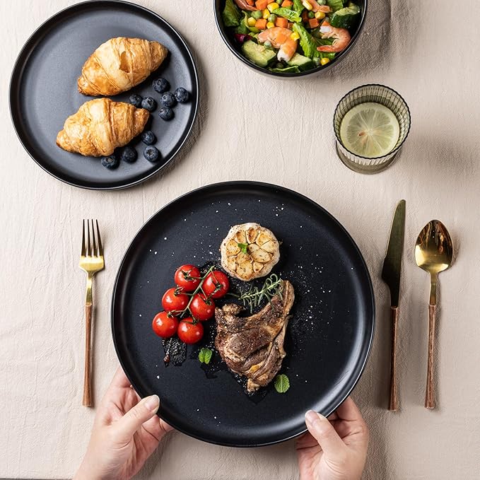 AmorArc Ceramic Dinner Plates Set of 6, Wavy Rim 10.25 Inch Stoneware Dish Set, Dinnerware Plates for Kitchen-Microwave&Dishwasher Safe, Scratch Resistant-Reactive Glaze Matte Black