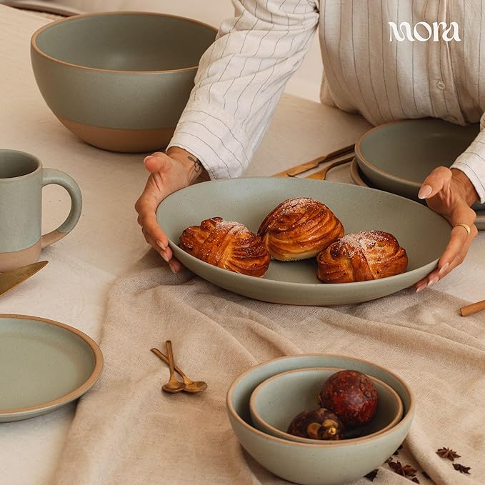 MORA Jumbo and Large Serving Dishes Set of 2, 13 inch and 12 inch Ceramic Pottery Oval Platters - Microwave, Oven and Dishwasher Safe - Thyme & Mushroom