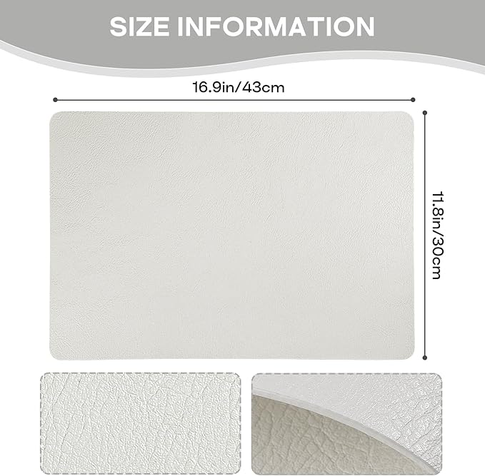 Faux Leather Placemats Set of 6, Washable Place Mats, Wipeable Waterproof Oil-Proof Heat Resistant Table Mats, Non-Slip Vinyl Placemats Rectangular Place Mat for Table Indoor Outdoor (White)