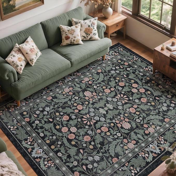 Dark Green Floral 8x10 Area Rugs for Living Room Large Washable Rug Vintage Forest Low Pile Non Slip Stain Resistance Soft Carpet for Dining Room, Bedroom, Kids Room, Nursery Room, Playroom