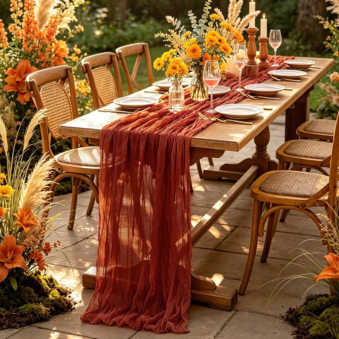 Fall Table Runner, 10FT Thanksgiving Terracotta Cheesecloth Table Runner - Image 7