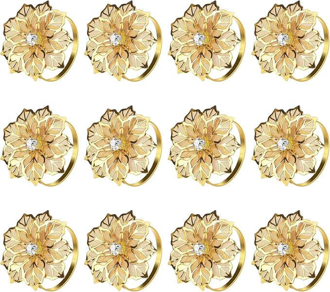 KPOSIYA Flower Napkin Rings Holder Metal Black Napkin Rings Set of 50 for Wedding Party Holiday Banquet Christmas Dinner Delicate Serviette Buckles Decor Favor (50, Gold)