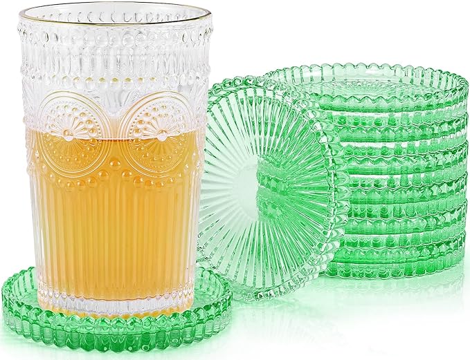 Vintage Glass Coasters, GOH DODD Set of 8 Crystal Coasters Tabletop Protection for Drinks, Home Decor, Kitchen, Living Room, Patio, Wedding, Party, Housewarming Gifts, Clear Green