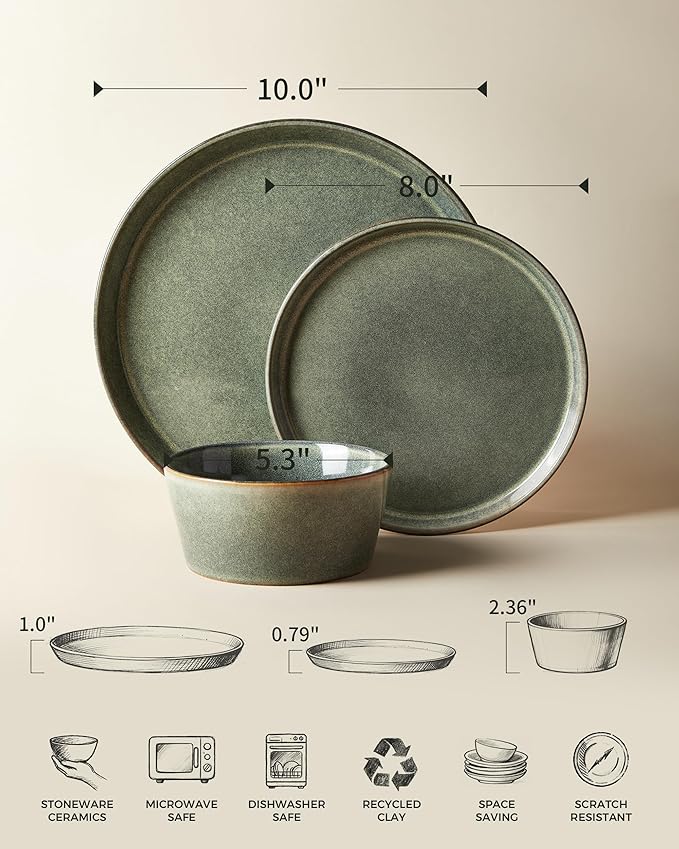 Dinnerware Sets, Microwave Safe Plates and Bowls Sets, Dishes Set for 6, Chip & Scratch Resistant Dinner Set, Hand Glazed Farmhouse Dishware Sets, Green Wheat