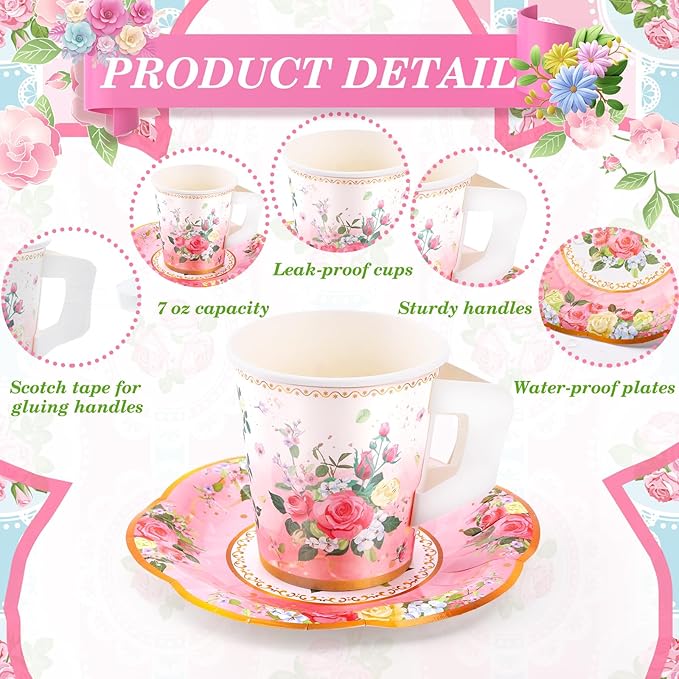 SUMMORO 160 Pcs Floral Paper Tea Cups and Saucers 7 OZ Disposable Paper Tea Cups - Image 3