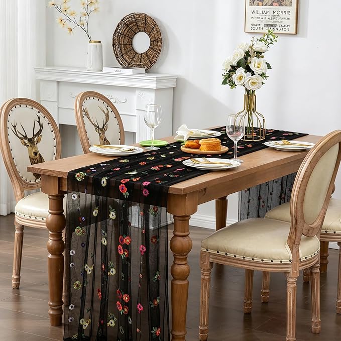 BINBE 3pcs Black Daisy Spring Table Runner Embroidery Gauze 10FT Florals - Image 4