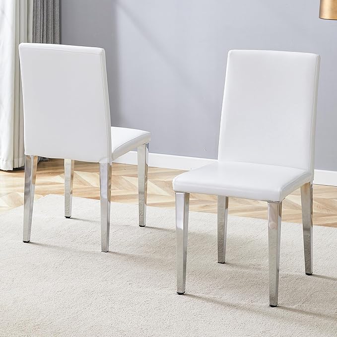 White Dining Chairs Set of 8,Faux Leather with Chrome Plate Metal Legs,Armless Kitchen Room Chairs Set of 8,Max Load 300 Lbs,High Back Modern Design for Home Kitchen Living Room Bedroom