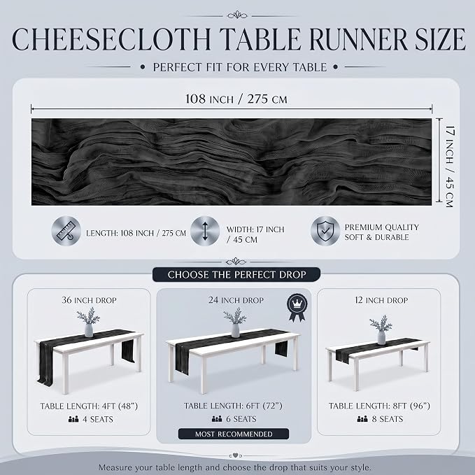 12 Pack Black Cheesecloth Table Runner 17x108 Inch Boho Rustic Semi Sheer Gauze - Image 3