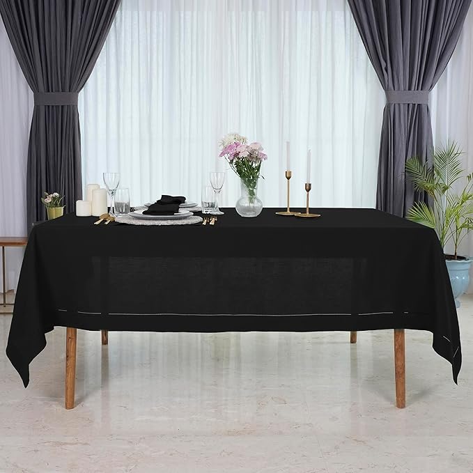 D'Moksha Homes Black Linen Tablecloth 60 x 156 Inch - 100% Pure Linen Black Tablecloth for Rectangle Tables - Classic Hemstitch, Machine Washable Table Cloth for Spring, Easter