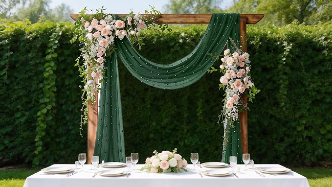 Pearl Table Runner Gauze Sheer 19FT Wedding Draping Fabric Decor | Emerald - Image 2